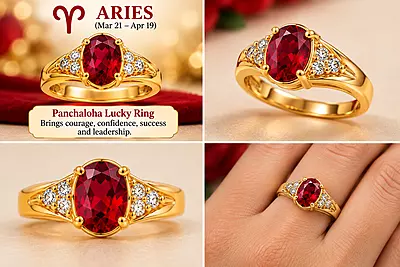 Aries Panchaloha Lucky Ring-Red Gemstone-18mm size
