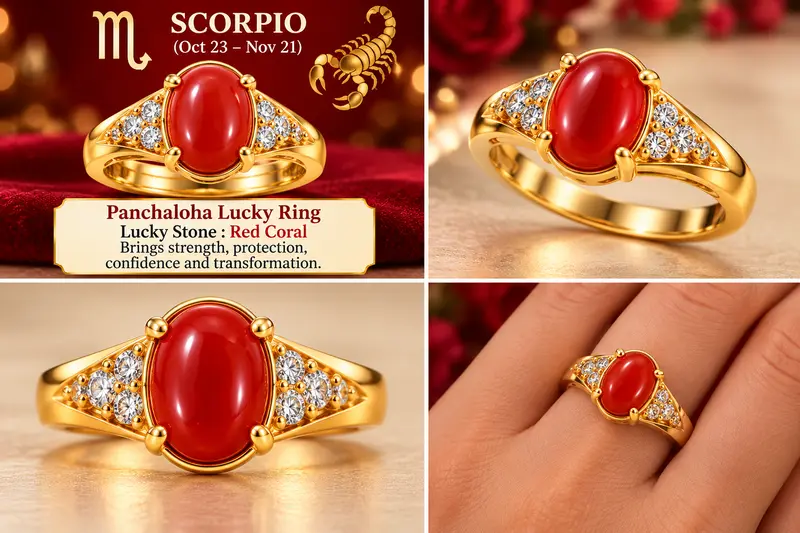 Scorpio Panchaloha Lucky Ring-Red Coral stone